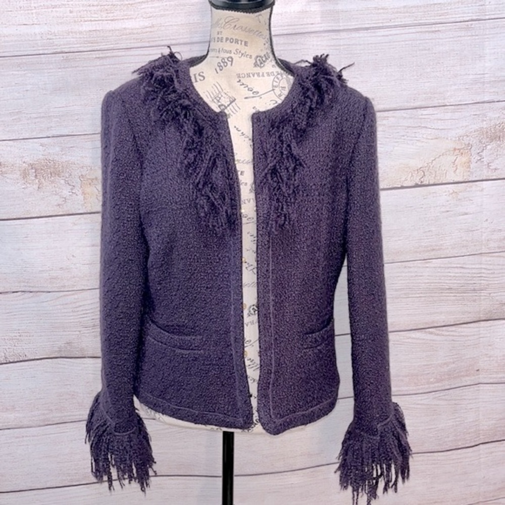 Magaschoni Collection Blazer Wool Blend Fringed Collar & Cuffs Size 12 Purple